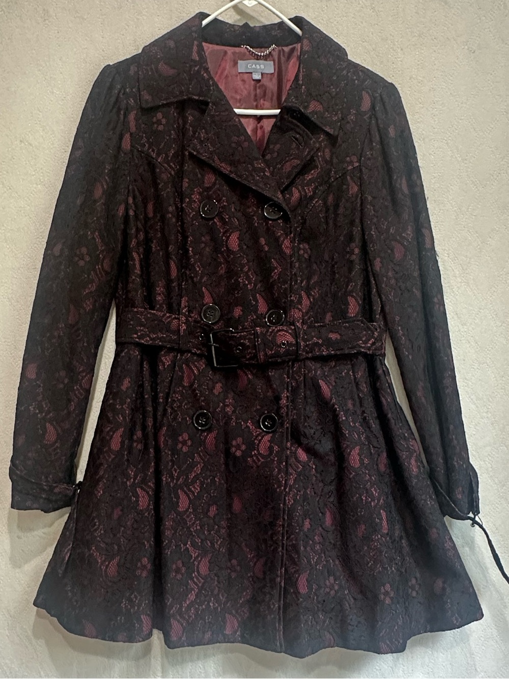 Vintage Cass Whimsigoth Lace Trench Coat in Burgundy and Black Sz L Lace Back